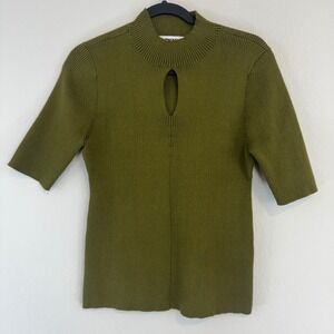 DKNY Ribbed Keyhole Sweater Women Large Olive Green P5HSBBA9 Mock Neck Top